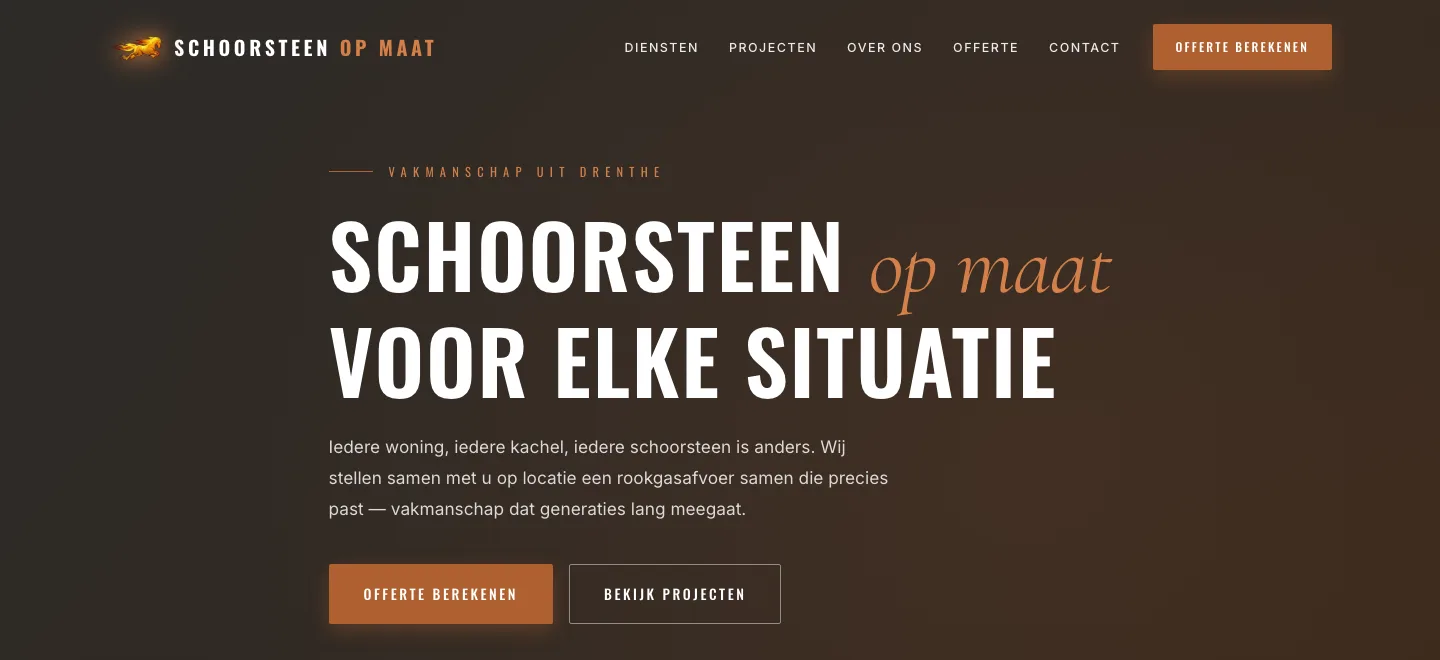 Screenshot van de homepage van Schoorsteen op Maat
